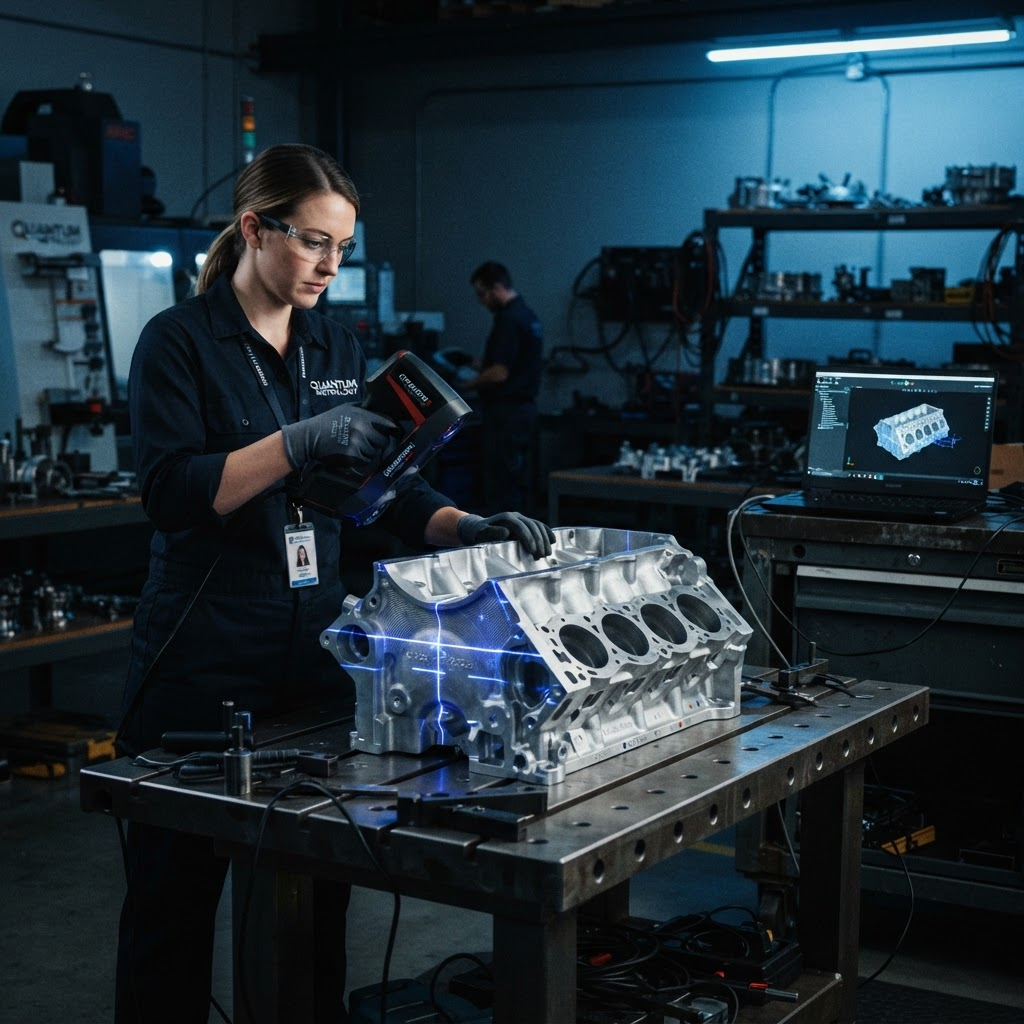 Engineer using a portable 3D laser scanner on a large metal component